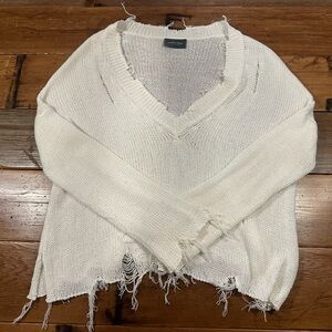 Wooden Ships Distressed Knit Long Sleeve V-Neck Sweater Size S/M